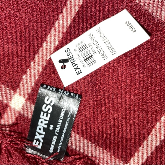 Express NWT! Burgundy/White Plaid Fringe Scarf One Size - Picture 4 of 7